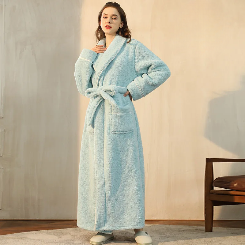 Women's Long Flannel Dressing Gown with Shawl Collar – Mint Green