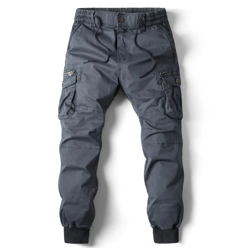 Men's Ribbed-Cuff Cargo Joggers with Layered Pocket Detailing – Dark Grey