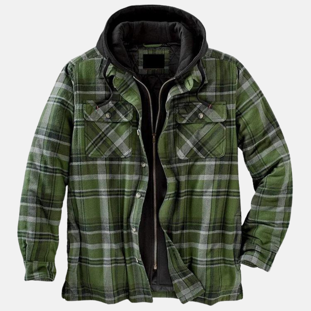 Men's Padded Printed Overshirt Jacket with Drawstring Hood – Dark Green