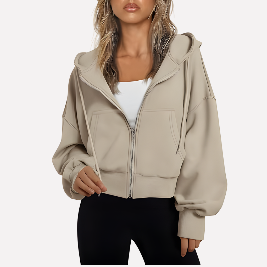 Women's Cropped Zip Hoodie Drawstring Hood Printed Accents