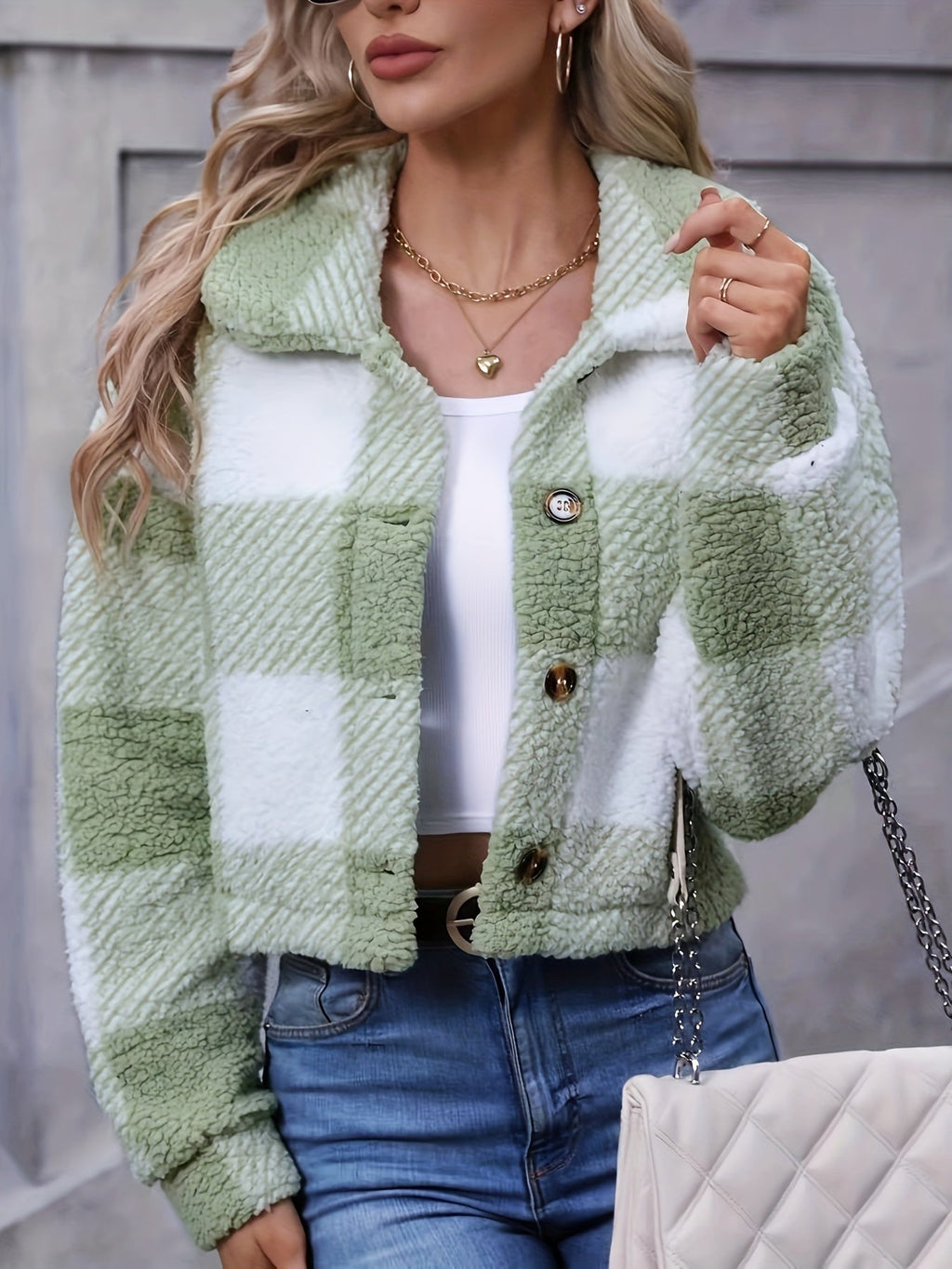 Women's Short Brushed Check Jacket with Button Front