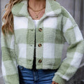 Women's Short Brushed Check Jacket with Button Front - Light Green
