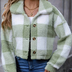 Women's Short Brushed Check Jacket with Button Front - Light Green