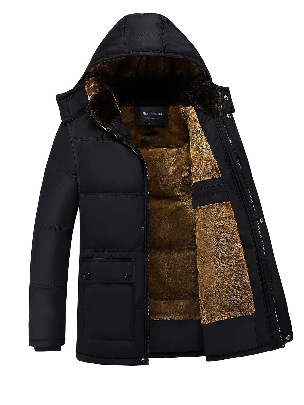 Women's Black Plush-Lined Insulated Hooded Winter Coat
