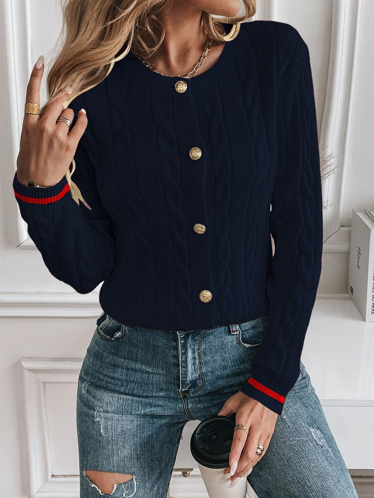 Women's Open Front Cable-Knit Cardigan with Button Detail