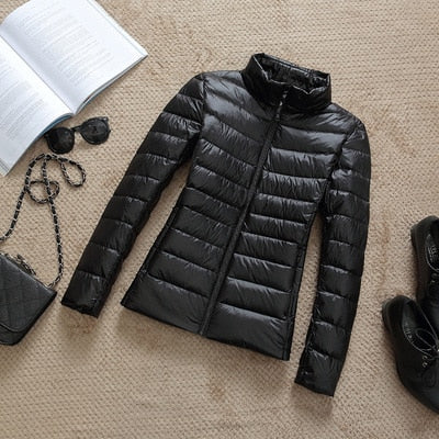 Women's Glossy Cropped Puffer Jacket with Stand-Collar – Black