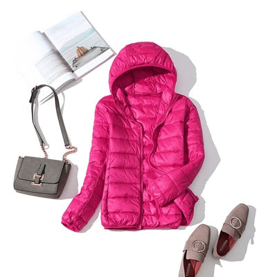 Women's Glossy Cropped Hooded Puffer Jacket – Hot Pink