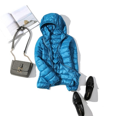 Women's Glossy Cropped Hooded Puffer Jacket – Sky Blue
