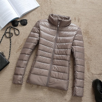 Women's Glossy Cropped Puffer Jacket with Stand-Collar – Khaki
