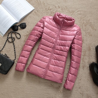 Women's Glossy Cropped Puffer Jacket with Stand-Collar – Pink