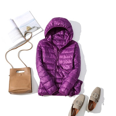 Women's Glossy Cropped Hooded Puffer Jacket – Purple
