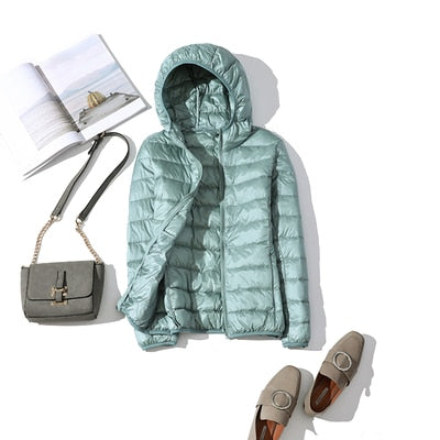 Women's Glossy Cropped Hooded Puffer Jacket – Mint Green