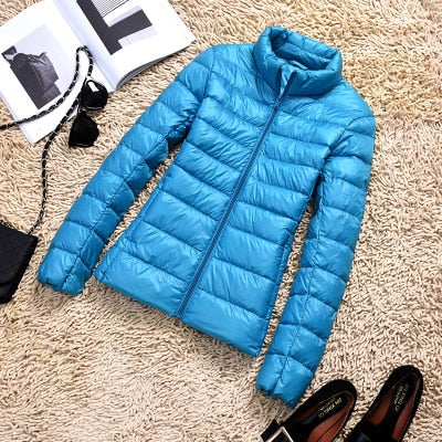Women's Glossy Cropped Puffer Jacket with Stand-Collar – Sky Blue