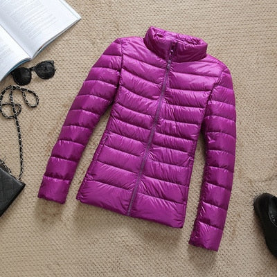 Women's Glossy Cropped Puffer Jacket with Stand-Collar – Purple