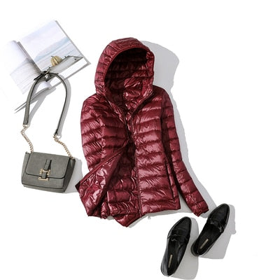 Women's Glossy Cropped Hooded Puffer Jacket – Wine Red