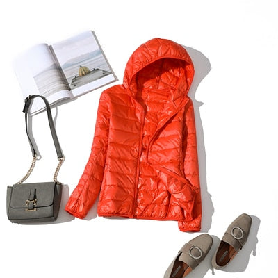 Women's Glossy Cropped Hooded Puffer Jacket – Orange