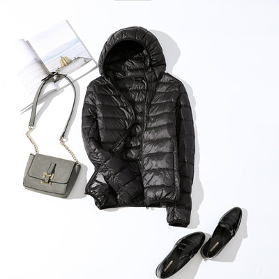 Women's Glossy Cropped Hooded Puffer Jacket – Black