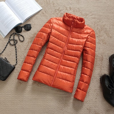 Women's Glossy Cropped Puffer Jacket with Stand-Collar – Orange