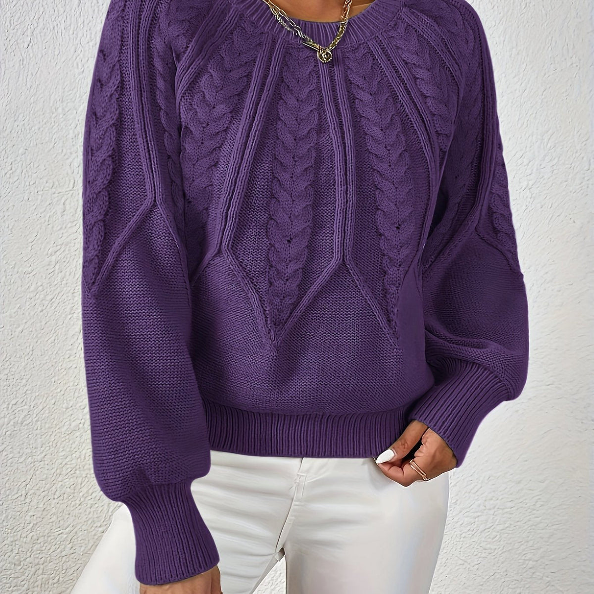 Women's Statement Sleeve Wool Blend Cable-Knit Jumper – Dark Purple