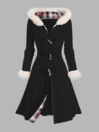 Women's Toggle-Front Longline Coat with Faux Fur Hood
