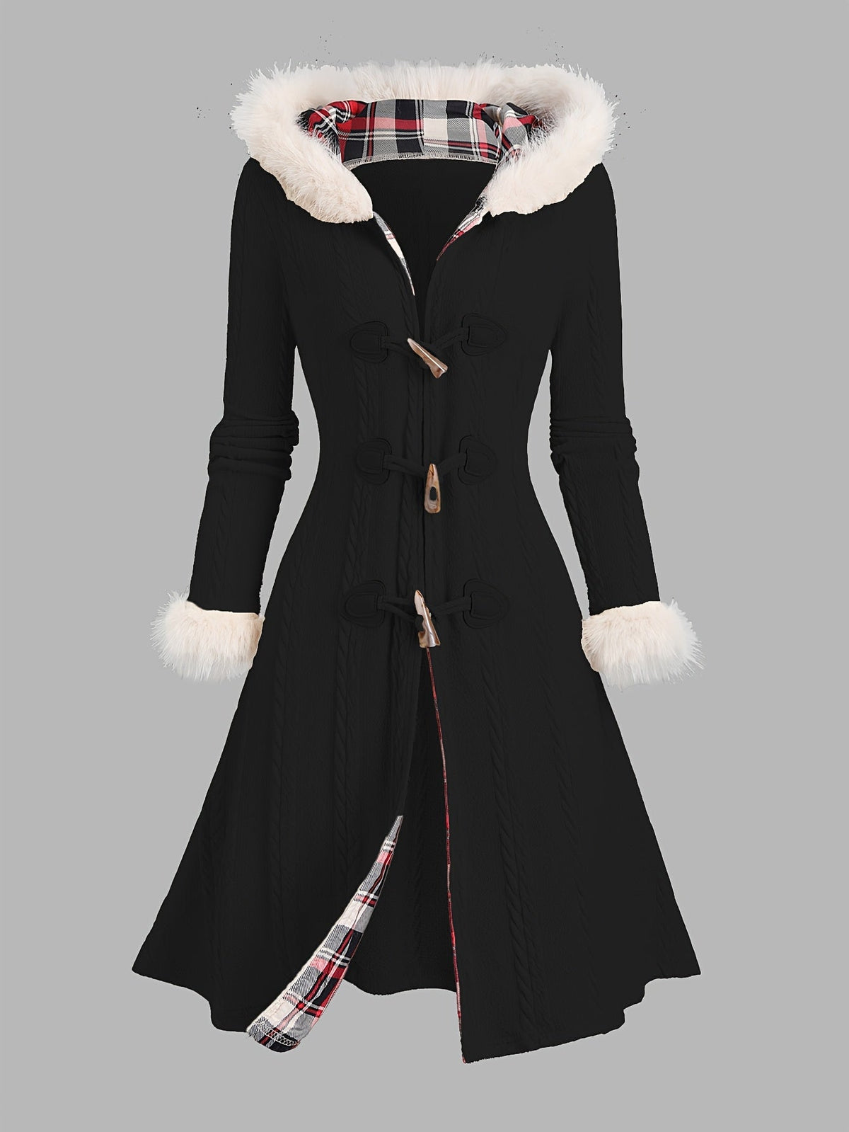 Women's Toggle-Front Longline Coat with Faux Fur Hood