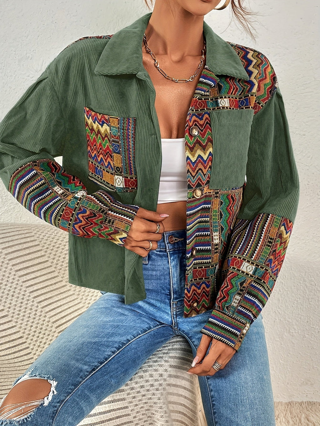 Women's Mixed Print Textured Button Jacket
