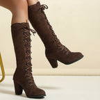 Women's Adjustable Lace-Front Tall Boots with Steady Block Heel