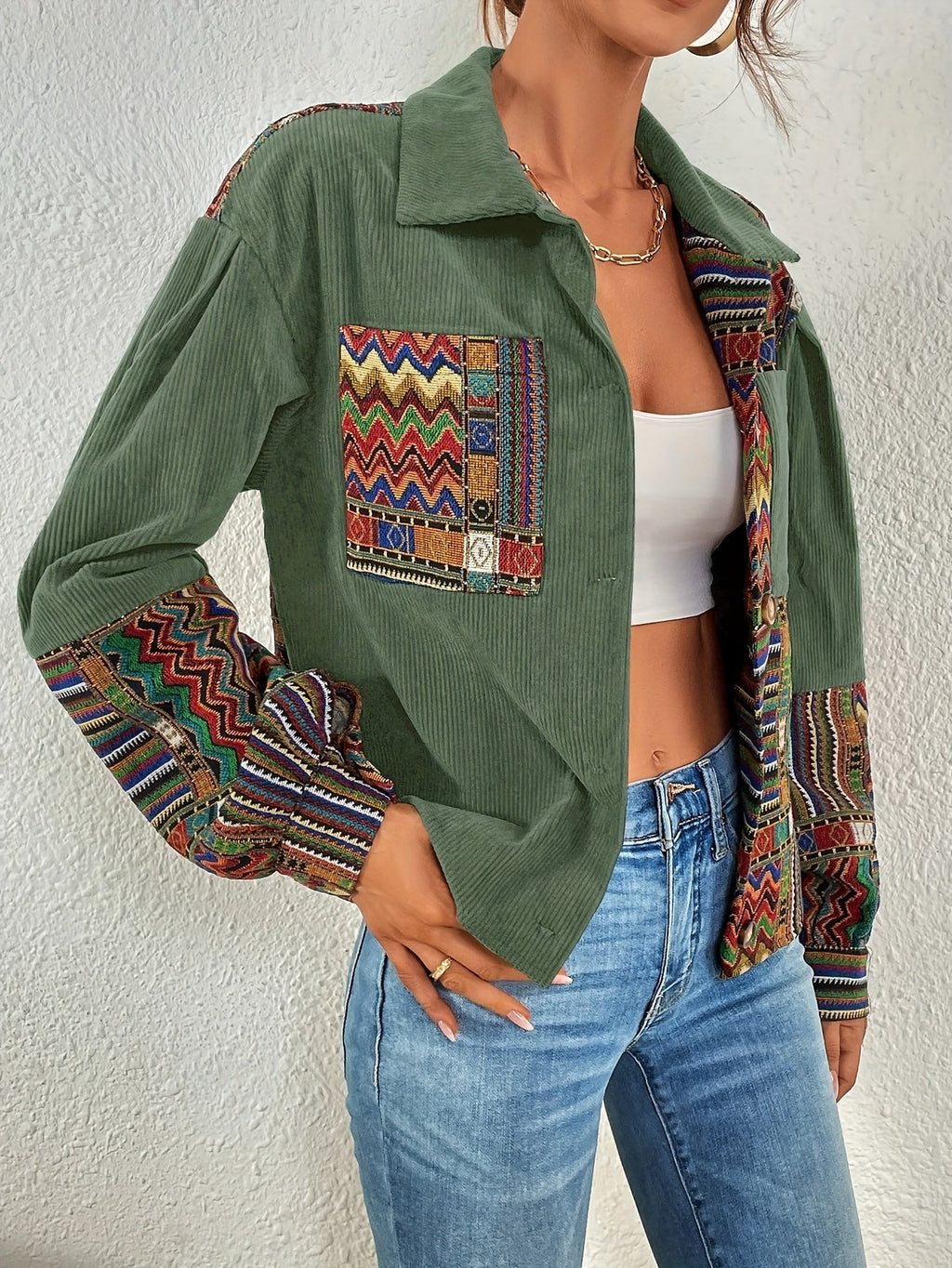 Women's Mixed Print Textured Button Jacket
