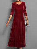 Women's Long-Sleeved Velvet Maxi Dress with Fitted Bodice – Wine Red