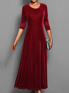 Women's Long-Sleeved Velvet Maxi Dress with Fitted Bodice – Wine Red