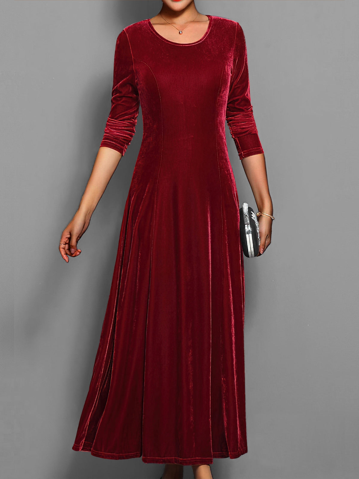 Women's Long-Sleeved Velvet Maxi Dress with Fitted Bodice – Wine Red
