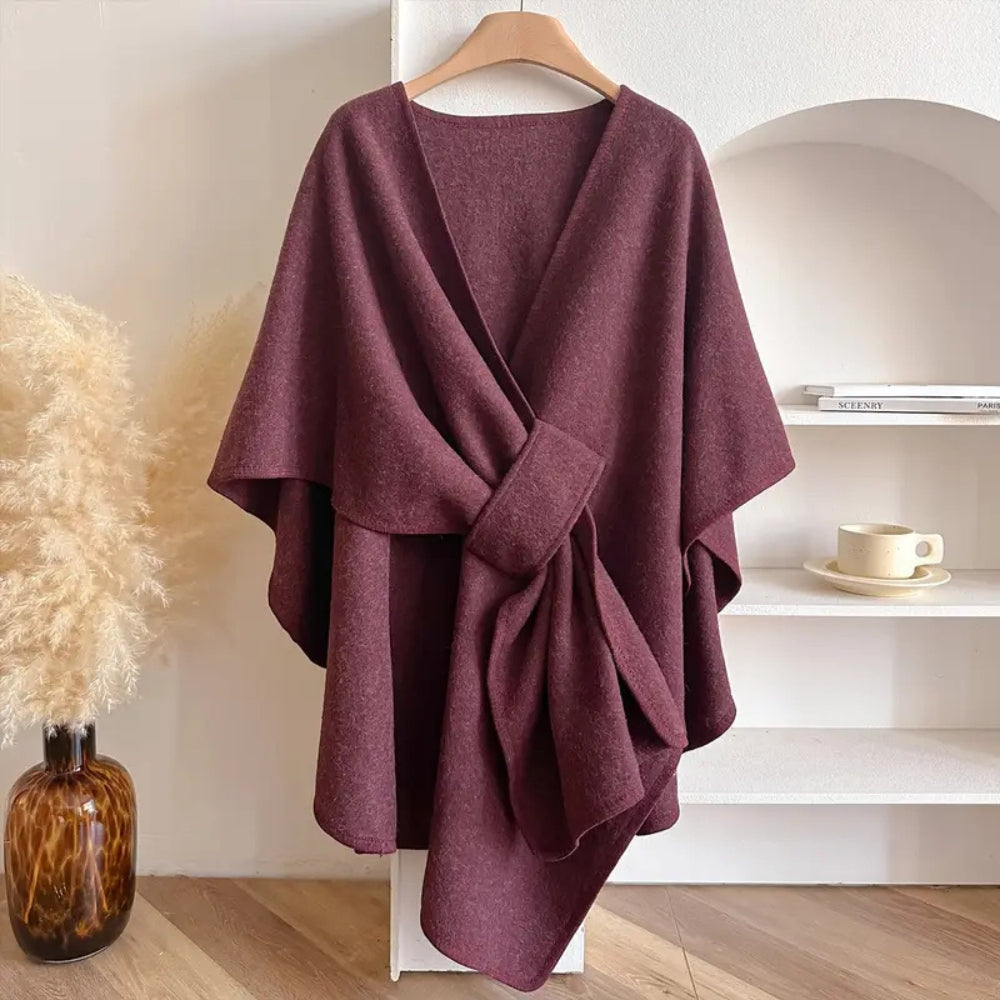 Women's Windproof Poncho Coat Draped Sides Belted Waist – Wine Red