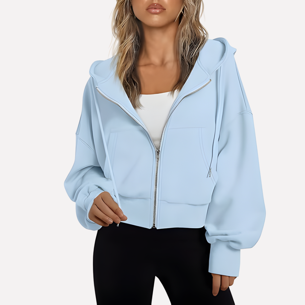 Women's Cropped Zip Hoodie Drawstring Hood Printed Accents – Sky Blue
