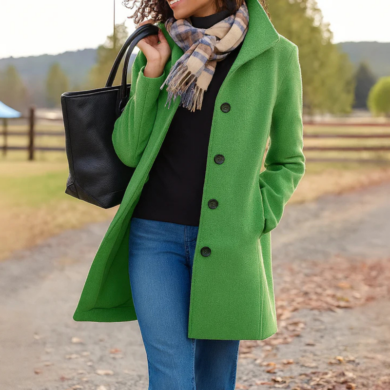 Women's Straight Cut Buttoned Coat Warm Everyday Staple – Green