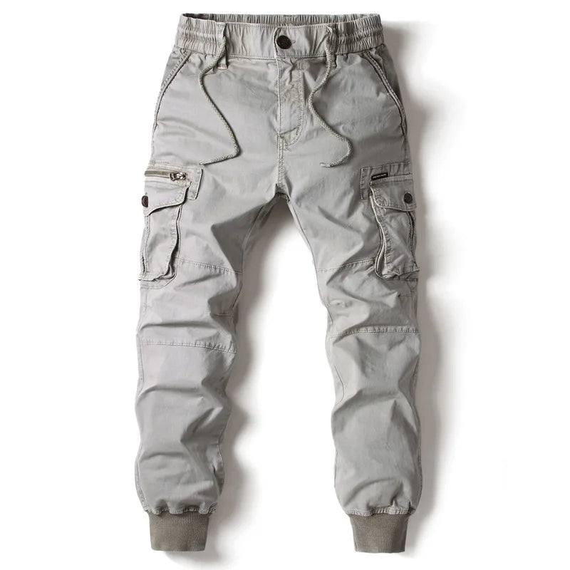 Men's Ribbed-Cuff Cargo Joggers with Layered Pocket Detailing – Light Grey