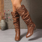 Women's Soft Slouch Block Heel Boots with Buckle Accents