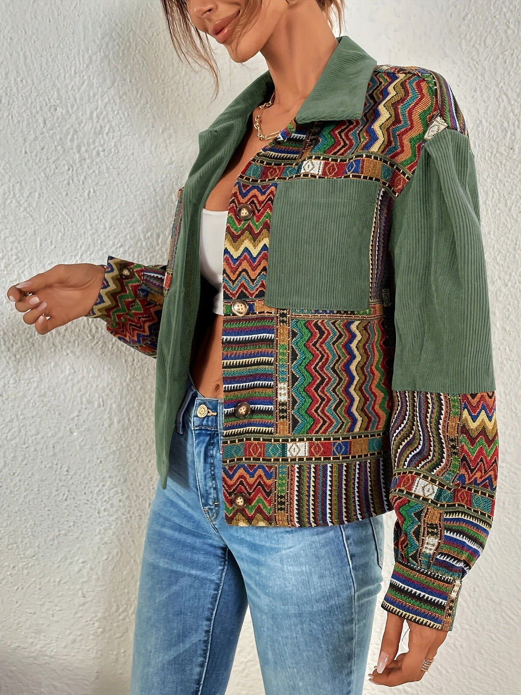 Women's Mixed Print Textured Button Jacket
