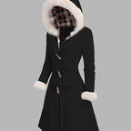 Women's Toggle-Front Longline Coat with Faux Fur Hood - Black