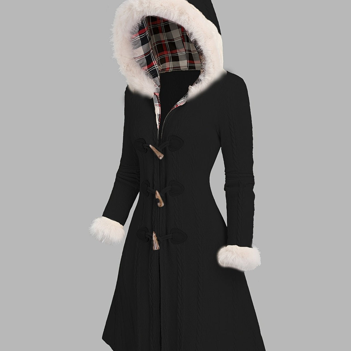 Women's Toggle-Front Longline Coat with Faux Fur Hood - Black