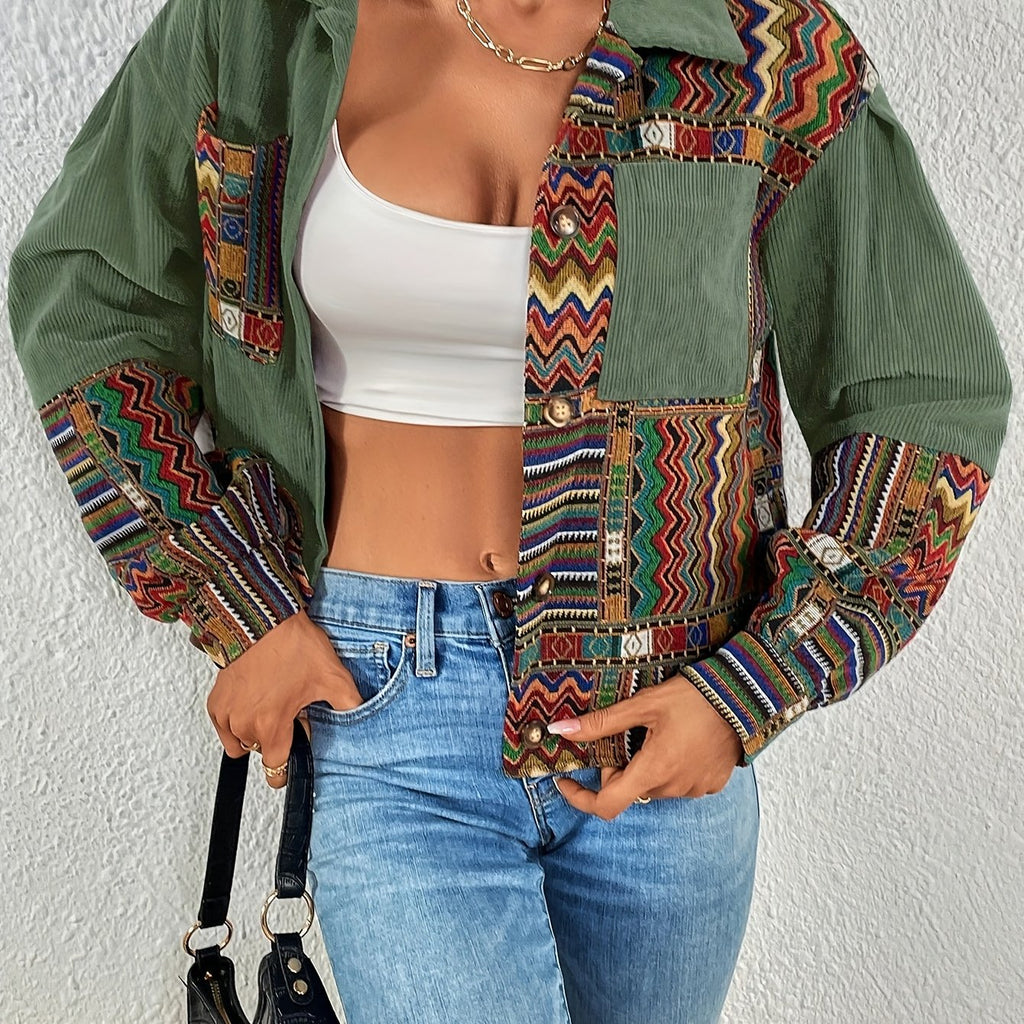 Women's Mixed Print Textured Button Jacket - Green