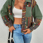 Women's Mixed Print Textured Button Jacket - Green