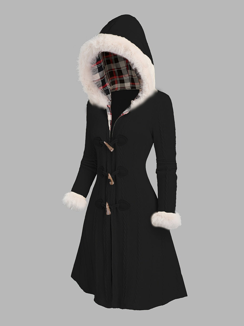 Women's Toggle-Front Longline Coat with Faux Fur Hood
