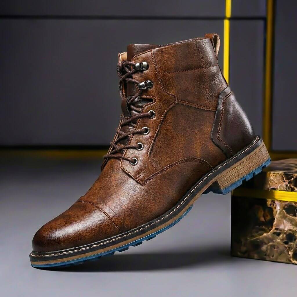 Men's Cap Toe Leather Ankle Boots with Welt Stitching – Brown