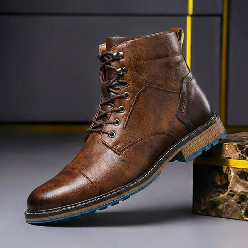 Men's Cap Toe Leather Ankle Boots with Welt Stitching – Brown