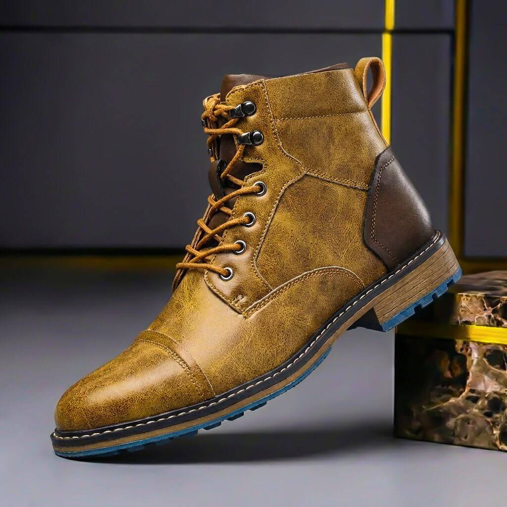 Men's Cap Toe Leather Ankle Boots with Welt Stitching – Khaki