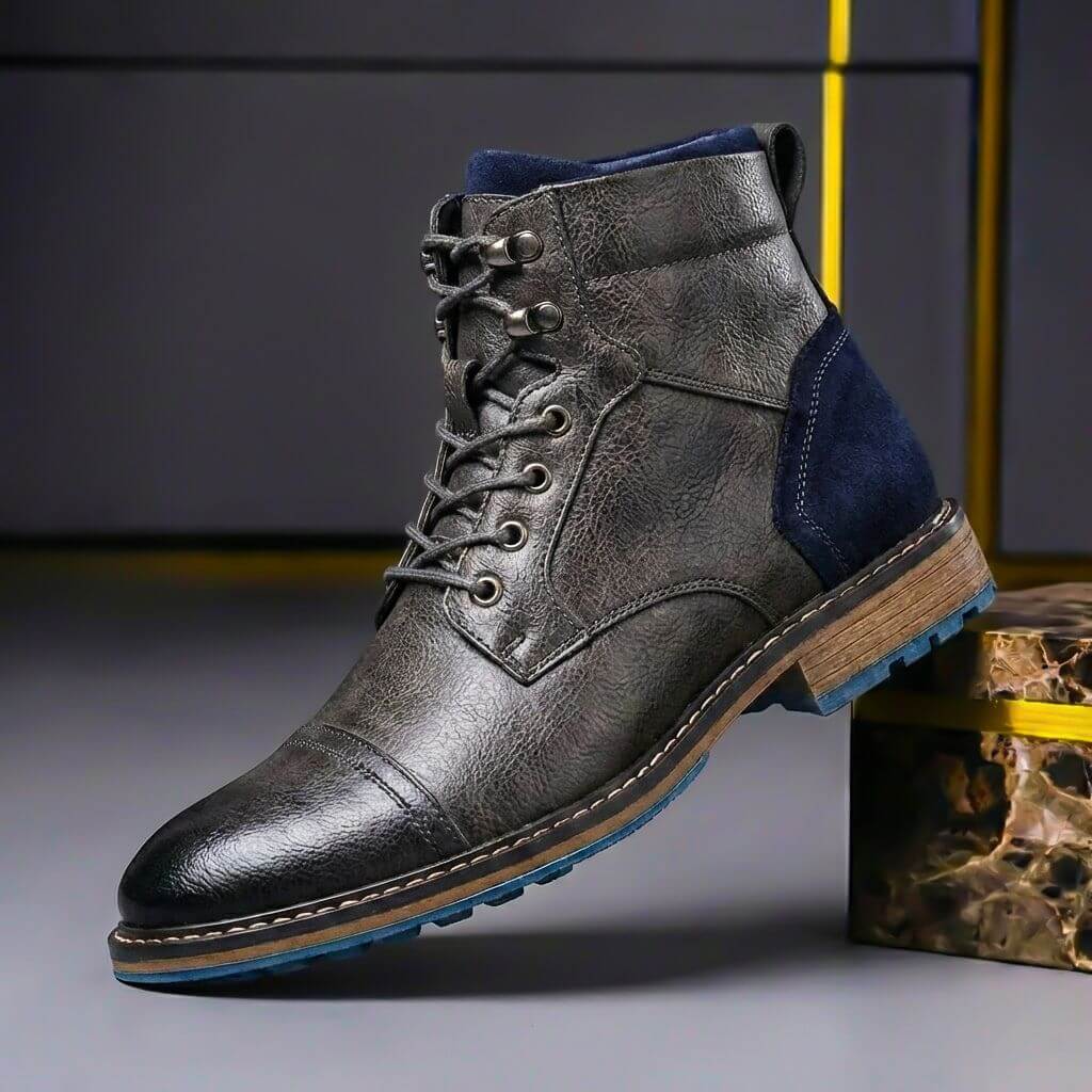 Men's Cap Toe Leather Ankle Boots with Welt Stitching – Black/Grey