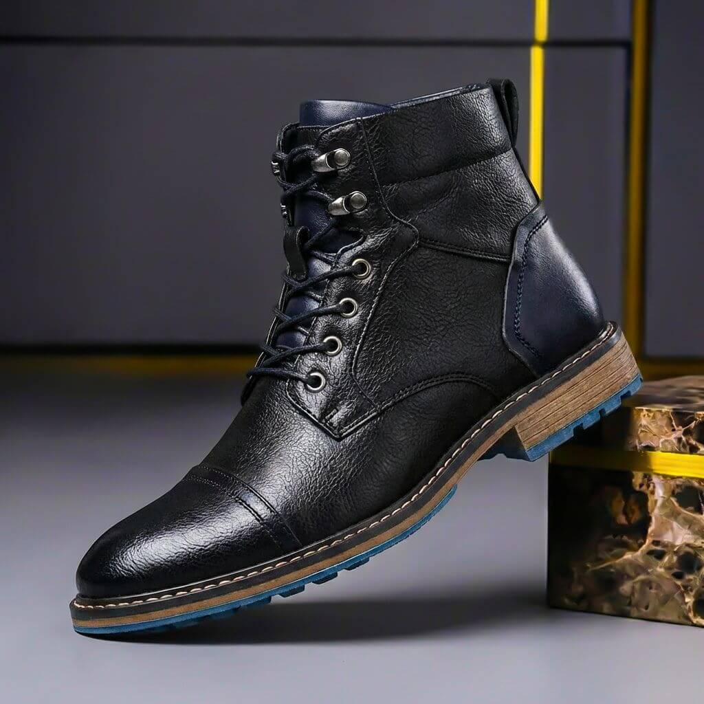 Men's Cap Toe Leather Ankle Boots with Welt Stitching – Black