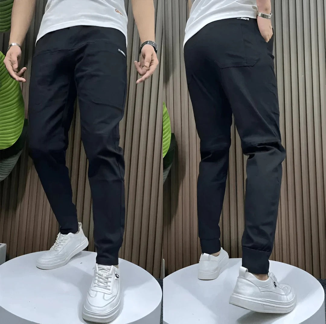 Men's Tapered Cargo Joggers with Ribbed Ankle Cuffs – Black