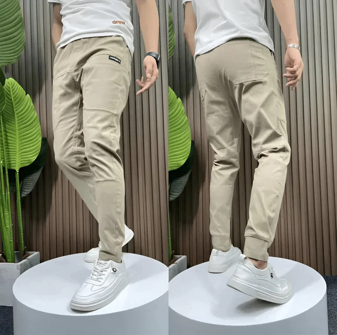 Men's Tapered Cargo Joggers with Ribbed Ankle Cuffs – Beige