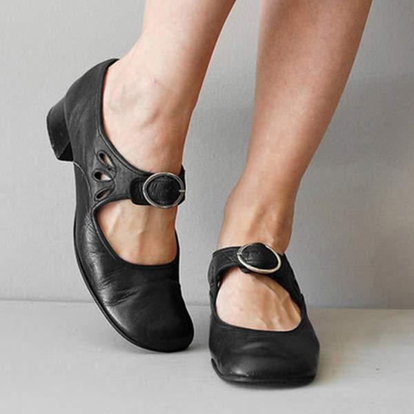 Women's Smooth Leather Single Strap Round Toe Flats - Black